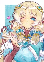Rule 34 | 1girl, blonde hair, blowing kiss, blue background, blue dress, blue eyes, border, breasts, cropped torso, dress, elf, hair ornament, hair ribbon, heart, highres, jewelry, light blush, long sleeves, looking at viewer, margaret (rune factory), medium breasts, one eye closed, pendant, pointy ears, puckered lips, puffy short sleeves, puffy sleeves, ribbon, rune factory, rune factory 4, short sleeves, signature, solo, tigusan520, white border