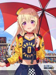 1girl :d bang_dream! blonde_hair blue_skirt blush breasts cheerleader collarbone commentary_request double-parted_bangs hair_ornament hairclip half_updo hat head_tilt highres holding holding_umbrella indiana_pacers jacket jewelry long_sleeves looking_at_viewer medium_breasts midriff mini_hat miniskirt navel necklace open_clothes open_jacket open_mouth outdoors pleated_skirt purple_eyes red_umbrella shirasagi_chisato skirt smile solo two-tone_umbrella umbrella white_umbrella yazawa_happyaro yellow_hat yellow_jacket