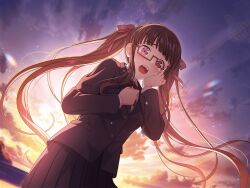 Rule 34 | 1girl, bang dream!, black hair, blazer, blunt bangs, blush, clenched hand, commentary request, crying, crying with eyes open, glasses, hair ribbon, hand on own chest, hand on own face, jacket, long hair, long sleeves, neck ribbon, nyubara reona, official art, open mouth, outdoors, pleated skirt, red eyes, red ribbon, ribbon, school uniform, semi-rimless eyewear, sidelocks, skirt, sky, solo, standing, sunset, tears, teeth, third-party source, twintails, upper teeth only