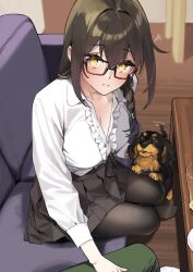 Rule 34 | 1boy, 1girl, 92m, animal, black-framed eyewear, black pantyhose, black skirt, breasts, commentary request, couch, dog, drunk, glasses, green pants, highres, indoors, kakita (92m), long sleeves, looking at viewer, medium breasts, on couch, original, pants, pantyhose, pleated skirt, pov, shirt, sitting, skirt, white shirt, yellow eyes