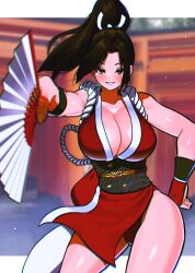 Rule 34 | 1girl, akisu k, bare shoulders, breasts, brown eyes, brown hair, cleavage, commentary request, fatal fury, hand fan, hand on own hip, high ponytail, japanese clothes, large breasts, long hair, looking at viewer, ninja, pelvic curtain, ponytail, revealing clothes, shiranui mai, smile, snk, solo, the king of fighters, thighs