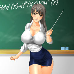 Rule 34 | 1girl, bad id, blue skirt, blush, board eraser, breasts, chalk, chalkboard, chalkboard writing, cleavage, collared shirt, contrapposto, covered erect nipples, cowboy shot, curvy, dress shirt, equation, facing viewer, head tilt, highres, impossible clothes, impossible shirt, indoors, large breasts, long hair, looking at viewer, math, miniskirt, muryuuin tayun, narrow waist, nipples, no bra, open clothes, open shirt, parted lips, pencil skirt, pink lips, pointer, school, shirt, side slit, skirt, sleeves rolled up, solo, standing, taut clothes, taut shirt, teacher, white shirt