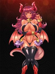 Rule 34 | 1girl, breasts, cuffs, dragon girl, dragon tail, horns, large breasts, project qt, qtenka, red hair, revealing clothes, solo, tail, wings