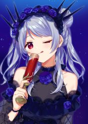 Rule 34 | 1girl, bare shoulders, black dress, blue nails, blush, braid, closed mouth, collarbone, covered collarbone, cup, detached sleeves, double bun, dress, fingernails, flower, hair bun, hair ornament, holding, holding cup, long hair, long sleeves, morinaka kazaki, nail polish, nijisanji, one eye closed, purple flower, purple rose, red eyes, rose, see-through, see-through sleeves, silver hair, sleeveless, sleeveless dress, solo, tongue, tongue out, upper body, virtual youtuber, yamabukiiro
