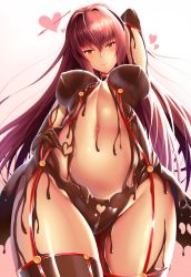 Rule 34 | 1girl, arm behind head, breasts, candy, chocolate, chocolate clothes, chocolate covered, chocolate heart, chocolate on body, chocolate on breasts, commentary request, fate/grand order, fate (series), food, food on body, garter straps, gradient background, hair between eyes, hand on own stomach, heart, large breasts, long hair, looking at viewer, looking down, navel, pink background, purple hair, red eyes, scathach (fate), smile, solo, thighhighs, underbust, zukky