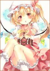 Rule 34 | 1girl, :o, adapted costume, bad id, bad pixiv id, blonde hair, bloomers, blush, bow, colored pencil (medium), corset, flandre scarlet, hat, hat ribbon, long hair, looking at viewer, marker (medium), mob cap, pointing, potto, potto (minntochan), red eyes, red ribbon, red skirt, ribbon, sample watermark, side ponytail, sitting, skirt, socks, solo, touhou, traditional media, underwear, watermark, white socks, wings, yellow bow