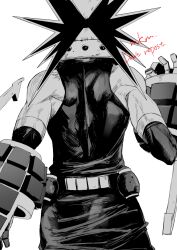 1boy back back_focus bakugou_katsuki belt boku_no_hero_academia elbow_sleeve explosive gloves grenade male_focus mkm_(mkm_storage) monochrome muscular muscular_male pants scar scar_on_shoulder short_hair solo spiked_hair superhero_costume tank_top white_background