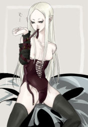 Rule 34 | 00s, 1girl, amputee, breasts, claymore (series), clenched hand, corset, grey eyes, irene, long hair, mouth hold, nipples, pale skin, pointy ears, silver hair, sitting, small breasts, solo, spread legs, thighhighs, topless, undressing