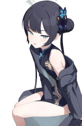 Rule 34 | 1girl, black gloves, black hair, black jacket, blue archive, butterfly hair ornament, china dress, chinese clothes, dociracira, dragon print, dress, gloves, grey eyes, hair ornament, halo, highres, jacket, kisaki (blue archive), long hair, print dress, simple background, sitting, sleeveless, sleeveless dress, solo, striped clothes, striped jacket, thighs, twintails, vertical-striped clothes, vertical-striped jacket, white background