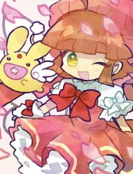 Rule 34 | 1girl, ahoge, arle nadja, bow, brown hair, carbuncle (puyopuyo), cardcaptor sakura, commentary, cosplay, doradorakingyo, dress, falling petals, forehead jewel, frilled dress, frills, kero (cardcaptor sakura), kero (cosplay), kinomoto sakura, kinomoto sakura (cosplay), looking at viewer, one eye closed, petals, pink dress, pink headwear, puffy short sleeves, puffy sleeves, puyopuyo, puyopuyo quest, red bow, short hair, short sleeves, sleeve bow, star in mouth, symbol-only commentary, white bow, wrist cuffs, yellow eyes