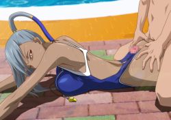 Rule 34 | 1girl, arms up, ass, ass grab, back, bare arms, bare shoulders, blue one-piece swimsuit, breast press, breasts, buttjob, buttjob over clothes, censored, clothed female nude male, code geass, dark skin, floor, grey hair, half-closed eyes, kneeling, kyabakurabakufu, large breasts, legs, long hair, looking back, lying, mosaic censoring, nude, on stomach, one-piece swimsuit, outdoors, penis, pool, solo focus, sweat, swimsuit, thighs, villetta nu, water, whistle, yellow eyes