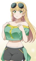 Rule 34 | 1girl, barkhorn0331, blonde hair, breasts, collarbone, green eyes, green shirt, hands on own chest, heanna sumire, highres, large breasts, long hair, love live!, love live! superstar!!, navel, open mouth, shirt, short shorts, shorts, simple background, sunglasses