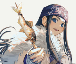 Rule 34 | 1girl, asirpa, bandana, black hair, blue bandana, blue eyes, champi, earrings, fish, fish (food), fur trim, golden kamuy, grilled fish, highres, holding, holding skewer, hoop earrings, jewelry, long hair, open mouth, portrait, simple background, skewer, smile, solo, white background