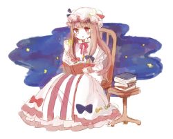 Rule 34 | 1girl, :o, blush, book, book stack, bow, chair, crescent, crescent moon, dress, full body, hat, holding, holding book, long dress, long hair, mob cap, moon, mozukuzu (manukedori), night, night sky, open book, open mouth, patchouli knowledge, pink eyes, planet, reading, ribbon, sitting, sky, solo, solo focus, star (symbol), table, touhou