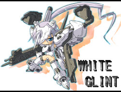 Rule 34 | 1girl, armored core, armored core: for answer, assault rifle, chibi, female focus, from software, gun, mecha, ponytail, rifle, robot, rocket launcher, solo, spread legs, weapon, white glint