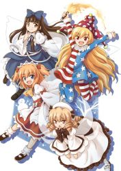 Rule 34 | 4girls, american flag dress, american flag legwear, arms up, ascot, blonde hair, blue eyes, blunt bangs, brown eyes, brown hair, chestnut mouth, clownpiece, collar, dress, drill hair, eyebrows, fairy wings, fang, finger to cheek, frilled collar, frilled shirt collar, frills, hat, hirasaka makoto, jester cap, long hair, long sleeves, looking at viewer, luna child, multiple girls, neck ruff, official art, open mouth, orange hair, pantyhose, polka dot, puffy sleeves, red eyes, shoes, short twintails, simple background, smile, snowman, star sapphire, striped clothes, striped dress, sunny milk, torch, touhou, touhou sangetsusei, twintails, very long hair, white background, white dress, wide sleeves, wings