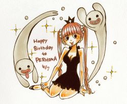Rule 34 | 1girl, :p, black dress, blunt bangs, breasts, character name, cleavage, dress, ghost, happy birthday, legs, long hair, nanako (skr7k), one piece, perona, pink hair, sitting, solo, tongue, tongue out, traditional media, twintails, very long hair