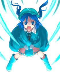 Rule 34 | 1girl, 7c, blue dress, blue eyes, blue hair, boots, dress, female focus, full body, kawashiro nitori, legs apart, long sleeves, looking at viewer, matching hair/eyes, pocket, rubber boots, simple background, solo, standing, thighhighs, touhou, two side up, white background, x arms, zettai ryouiki