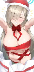 Rule 34 | 1girl, asuna (blue archive), blue archive, blush, breasts, christmas, cleavage, closed eyes, commentary, cowboy shot, gift bag, groin, halo, hat, large breasts, light brown hair, long hair, looking at viewer, mole, mole on breast, naked ribbon, navel, red ribbon, ribbon, santa hat, simple background, skindentation, smile, solo, ushimittsu, very long hair, white background