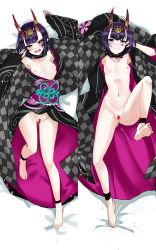 Rule 34 | 1girl, black kimono, bob cut, breasts, censored, closed mouth, dakimakura (medium), eyeliner, fate/grand order, fate (series), floral print, headpiece, heart, heart censor, horn ornament, horn ring, horns, japanese clothes, kimono, legs, long sleeves, looking at viewer, lostroom outfit (fate), lying, makeup, nipples, obi, on back, oni, open mouth, purple eyes, purple hair, pussy, sash, senbon tsuki, short hair, shuten douji (fate), shuten douji (lostroom outfit) (fate), skin-covered horns, small breasts, smile, wide sleeves