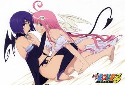 Rule 34 | 2girls, barefoot, bed, blue eyes, blue hair, blush, breasts, bridal gauntlets, cleavage, cosplay, dutch angle, elbow gloves, female focus, gloves, grabbing another&#039;s chin, green eyes, hair ornament, hand on another&#039;s face, imminent kiss, lala satalin deviluke, long hair, looking at viewer, multiple girls, pink hair, purple eyes, sairenji haruna, short hair, strapless, tail, thighhighs, to love-ru, very long hair, wings, yuri