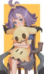 Rule 34 | 1girl, :3, acerola (pokemon), akatsuki (akatsukinotsuki), armlet, blue dress, blush, chair, closed mouth, commentary request, creatures (company), dress, eyelashes, flipped hair, game freak, gen 7 pokemon, grey dress, grey eyes, hair ornament, hairclip, highres, holding, holding pokemon, knees, looking at viewer, medium hair, mimikyu, multicolored clothes, multicolored dress, nintendo, on chair, pokemon, pokemon (creature), pokemon sm, purple hair, short sleeves, sitting, smile, topknot, torn clothes, torn dress