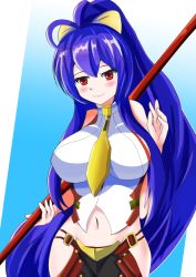 Rule 34 | 1girl, antenna hair, blazblue, blazblue: central fiction, blazblue variable heart, blue hair, blush, breasts, cowboy shot, genderswap, genderswap (mtf), halterneck, halterneck, hip vent, holding, holding weapon, long hair, mai natsume, midriff, navel, pants, polearm, ponytail, red eyes, smile, solo, spear, very long hair, weapon