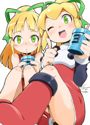 Rule 34 | 2girls, :o, ;d, android, bare shoulders, blush, blush stickers, boots, dress, drink, drinking straw, dual persona, energy tank, green ribbon, hair ribbon, high ponytail, holding, index finger raised, io naomichi, long hair, long sleeves, mega man (classic), mega man (series), multiple girls, one eye closed, open mouth, red dress, red footwear, ribbon, roll (mega man), simple background, smile, teeth, tongue, white background