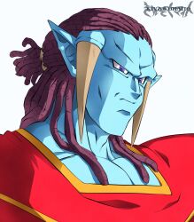 Rule 34 | 1boy, absurdres, artist name, blue skin, colored skin, commentary, dragon ball, dragon ball super, dreadlocks, english commentary, frown, furrowed brow, gas (dragon ball), highres, horns, kinzokumatto, male focus, no eyebrows, pectorals, pointy ears, portrait, purple eyes, purple hair, serious, shoulder pads, solo, watermark
