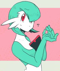 Rule 34 | 1girl, ?, bob cut, closed mouth, colored skin, creatures (company), female focus, flat chest, from side, game freak, gardevoir, gen 3 pokemon, green hair, green skin, hair over one eye, hands up, looking at viewer, minashirazu, multicolored skin, nintendo, one eye covered, own hands together, pink background, pokemon, pokemon (creature), red eyes, short hair, simple background, solo, sweat, two-tone skin, upper body, white skin
