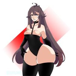 Rule 34 | 1girl, ass, black gloves, bluueygooey, breasts, brown eyes, brown hair, cleavage, curvy, elbow gloves, genshin impact, gloves, highres, hu tao (genshin impact), huge ass, leotard, long hair, medium breasts, smile, solo, thick thighs, thighhighs, thighs, wide hips