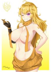 Rule 34 | 1girl, ahoge, areola slip, bare shoulders, blonde hair, breasts, cowboy shot, cyborg, dress, emblem, female focus, gloves, gradient background, grin, halterneck, large breasts, long hair, looking at viewer, lulu-chan92, mechanical arms, meme attire, naked sweater, navel, no bra, one eye closed, prosthesis, prosthetic arm, purple eyes, rwby, single glove, single mechanical arm, sleeveless, sleeveless turtleneck, smile, solo, sweater, sweater dress, turtleneck, turtleneck sweater, virgin killer sweater, wardrobe error, wavy hair, yang xiao long