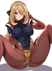 Rule 34 | 1girl, athletic leotard, blonde hair, bodysuit, breasts, cameltoe, cleft of venus, commentary request, cosplay, creatures (company), cynthia (pokemon), feet out of frame, game freak, grey eyes, hair over one eye, highleg, highres, large breasts, leotard, long hair, looking at viewer, nintendo, pokemon, pokemon: the electric tale of pikachu, pokemon dppt, simple background, skin tight, smile, solo, volyz, white background