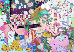 Rule 34 | 1girl, aqua eyes, aqua hair, bandaid, bandaid on arm, bandaid on leg, barefoot, bird, breasts, camisole, chair, cleavage, closed mouth, confetti, dishes, eyebrows hidden by hair, eyes visible through hair, flamingo, flood, food, fork, green camisole, grey shorts, holding, holding umbrella, indoors, ketchup, kitchen, long hair, looking at viewer, magatan, meat, mushroom, mustard, original, plant, plate, potted plant, rubber duck, shorts, sink, sitting, sitting on table, small stellated dodecahedron, spoon, stuffed animal, stuffed toy, table, teddy bear, toothbrush, umbrella, water