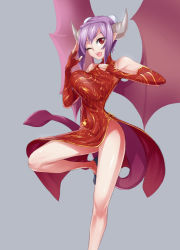 Rule 34 | 1girl, ;), alma elma, bare shoulders, bouncing breasts, breasts, china dress, chinese clothes, demon girl, demon horns, demon wings, dress, elbow gloves, female focus, fingerless gloves, flats, full body, gloves, grey background, halterneck, highres, horns, jiffic, large breasts, mon-musu quest!, one eye closed, purple hair, red dress, red eyes, red gloves, short hair, side slit, simple background, smile, solo, unaligned breasts, wings