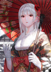 Rule 34 | 1girl, absurdres, blurry, blurry background, blurry foreground, bow, breasts, commentary, depth of field, english commentary, floral print, flower, fur trim, gloves, hair flower, hair ornament, highres, holding, holding umbrella, japanese clothes, kfr, kimono, large breasts, long hair, looking at viewer, obi, original, parted lips, print kimono, print umbrella, red bow, red eyes, red flower, sash, snowing, solo, umbrella, upper body, white gloves