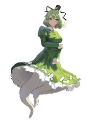 Rule 34 | 1girl, arm under breasts, black hat, black ribbon, breasts, dress, full body, ghost tail, green dress, green eyes, green hair, hat, hat ribbon, highres, juliet sleeves, light blush, light frown, long sleeves, looking at viewer, medium breasts, petticoat, puffy sleeves, ribbon, short hair, simple background, sleeves past wrists, soga no tojiko, solo, tate eboshi, teasmacker, touhou, white background, wing collar