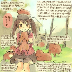 Rule 34 | 10s, 1girl, animal, animal on head, brown eyes, brown hair, capybara, dated, grin, kantai collection, kirisawa juuzou, long hair, looking at viewer, numbered, on head, personification, ryuujou (kancolle), skirt, smile, solo, translation request, twintails, twitter username, visor cap