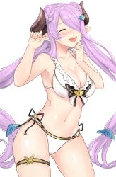 Rule 34 | 10s, 1girl, bikini, blush, breasts, cleavage, draph, closed eyes, granblue fantasy, hair ornament, hair over one eye, highres, horns, large breasts, long hair, narmaya (granblue fantasy), narmaya (summer) (granblue fantasy), open mouth, pointy ears, side-tie bikini bottom, simple background, smile, solo, swimsuit, terry (pixiv3274443), twintails, very long hair, white background, white bikini