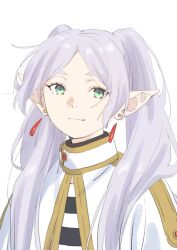 Rule 34 | 1girl, capelet, earrings, elf, frieren, green eyes, grey hair, highres, jewelry, light smile, long hair, looking at viewer, osakana (osakanagazoubot), pointy ears, simple background, solo, sousou no frieren, twintails, upper body, white background, white capelet