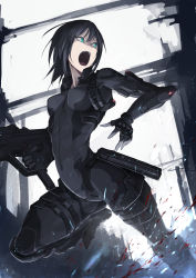 Rule 34 | 1girl, action, aqua eyes, arched back, black hair, blood, bodysuit, breasts, buckle, female focus, gun, hetza (hellshock), looking to the side, military, open mouth, original, outdoors, short hair, sky, snap-fit buckle, solo, weapon