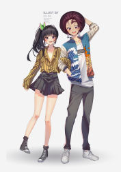 Rule 34 | 1boy, 1girl, :d, alternate costume, artist name, black footwear, black hair, black pants, black skirt, blush, brown eyes, brown hair, burn scar, butterfly hair ornament, commentary, contemporary, earrings, english commentary, hair ornament, hanafuda, hand in pocket, hand on headwear, hat, highres, jacket, jewelry, kamado tanjirou, kimetsu no yaiba, ku-ini, locked arms, long hair, open clothes, open jacket, open mouth, pants, purple eyes, scar, scar on face, scar on forehead, shirt, shoes, side ponytail, skirt, sleeves past wrists, smile, sneakers, striped clothes, striped shirt, tsuyuri kanao, white background, white footwear, white shirt, yellow shirt