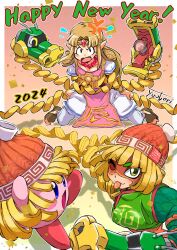 Rule 34 | 2024, 2girls, anger vein, arms (game), blonde hair, blush stickers, bound, chinese zodiac, collarbone, colored skin, commentary request, copy ability, cosplay, domino mask, dragon (arms), green eyes, happy new year, highres, kirby, kirby (series), knit hat, light brown hair, looking at viewer, mask, min min (arms), min min (arms) (cosplay), multiple girls, new year, nintendo, one eye closed, pink skin, pointy ears, princess zelda, signature, solid oval eyes, super smash bros., the legend of zelda, the legend of zelda: a link between worlds, tied up (nonsexual), tongue, tongue out, year of the dragon, you bird