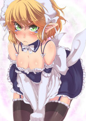 Rule 34 | 1girl, alternate costume, black thighhighs, blonde hair, blush, breasts, cleavage, detached collar, elbow gloves, enmaided, garter straps, gloves, green eyes, maid, maid headdress, mizuhashi parsee, pointy ears, short hair, simple background, skirt, skirt tug, solo, suikamaru, thighhighs, touhou, v arms, white background, white gloves