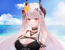 1girl absurdres arknights bikini black_bikini breasts cleavage flower hair_flower hair_ornament highres horns hyeroin jewelry large_breasts long_hair mudrock_(arknights) ocean pendant pointy_ears red_eyes swimsuit white_hair