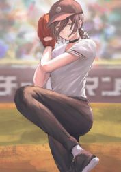 Rule 34 | 1girl, 900p, absurdres, baseball cap, baseball glove, black choker, black pants, blurry, blurry background, brown eyes, brown footwear, brown hair, brown hat, chainsaw man, choker, closed mouth, day, hair between eyes, hat, highres, leg up, looking at viewer, outdoors, pants, ponytail, reze (chainsaw man), shirt, short sleeves, solo, stance, standing, standing on one leg, white legwear, white shirt