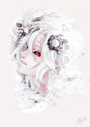 Rule 34 | 1boy, allen walker, black sclera, colored sclera, d.gray-man, facial mark, hair between eyes, male focus, miyukiko, parted lips, portrait, red eyes, signature, silver hair, solo, star (symbol), white background