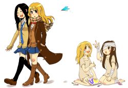 Rule 34 | 2girls, age comparison, bandage over one eye, bandages, bandaid, black eyes, black hair, blonde hair, blue skirt, blush, boots, brown eyes, cardigan, closed eyes, coat, coppelion, crayon, hands in pockets, high heels, ikarimame, knee boots, kneeling, long hair, looking at viewer, miniskirt, multiple girls, open mouth, origami, ozu kanon, ozu shion, paper airplane, paper crane, pleated skirt, scarf, siblings, simple background, sisters, skirt, thighhighs, walking, white background, zettai ryouiki
