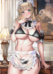 Rule 34 | 1girl, apron, bikini, black bikini, black bow, black bowtie, blonde hair, blue eyes, blush, bow, bowtie, breasts, commentary request, highres, indoors, large breasts, looking at viewer, maid, maid apron, maid bikini, maid headdress, navel, original, parted lips, ran&#039;ou (tamago no kimi), see-through, see-through apron, solo, swimsuit, unconventional maid