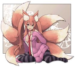 Rule 34 | 1girl, animal ear fluff, animal ears, between breasts, black thighhighs, breasts, brown hair, cardigan, commission, fluffy, fox ears, fox girl, fox tail, full body, green eyes, highres, lamb-oic029, large breasts, long hair, looking at viewer, multiple tails, necktie, necktie between breasts, open clothes, open mouth, original, pink cardigan, plushmallow, red necktie, sitting, sleeves past wrists, smile, solo, striped clothes, striped thighhighs, tail, thighhighs, twintails, yokozuwari